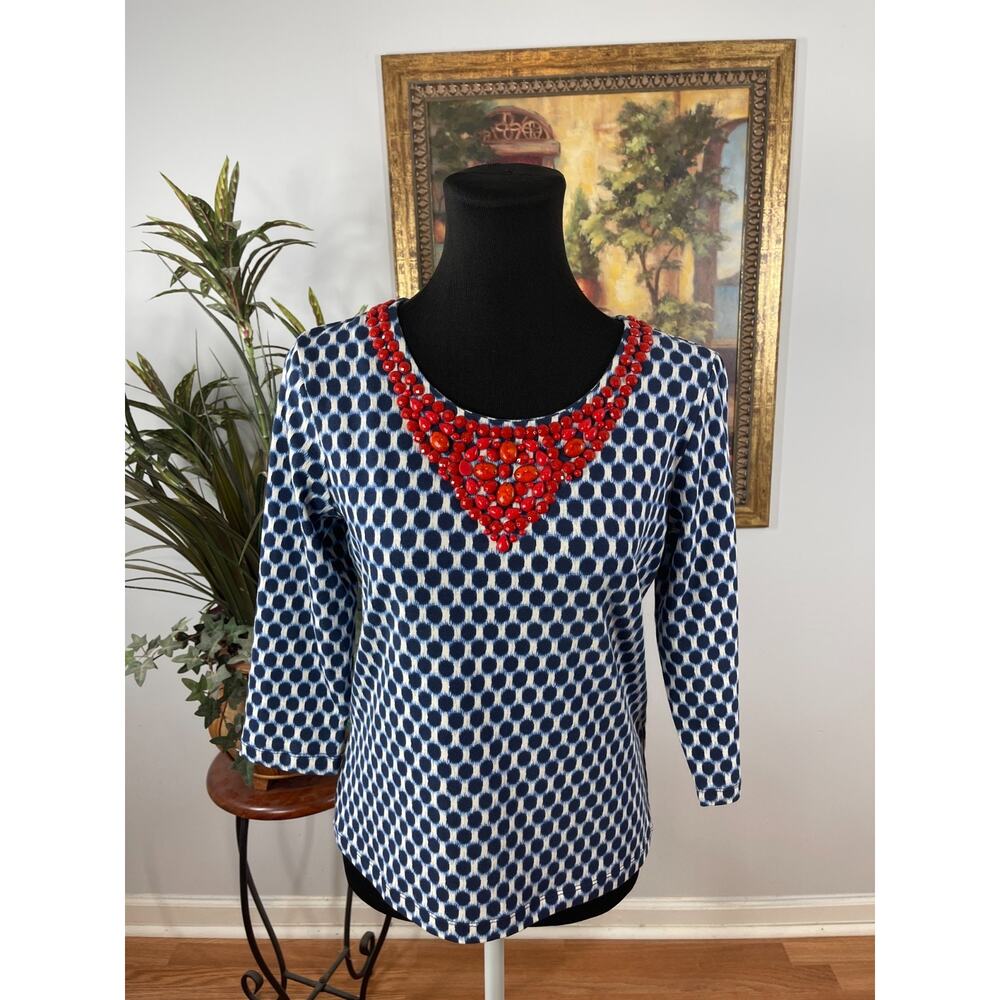 Ruby Rd. Blouse Top Womens PS White Blue Polka Dot Eclectic Coastal Nautical